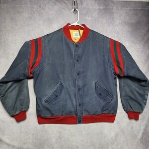 Vtg Izod Lacoste Varsity Bomber Jacket Mens L Navy Blue Red Green Quilted Lining